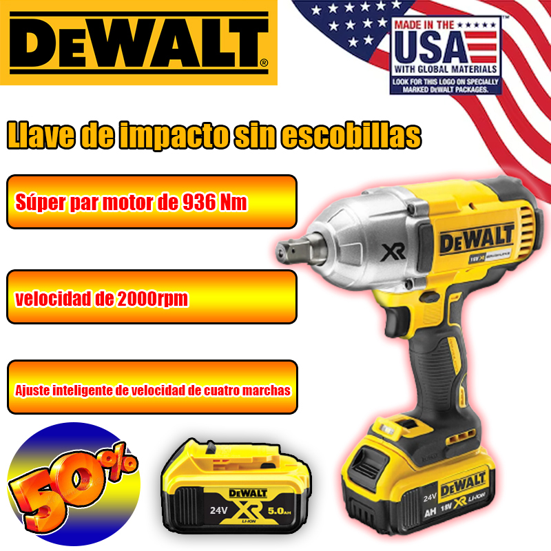 [Una carga y una carga] Llave de impacto sin escobillas DEWALT, torque 936 Nm, velocidad 2000 rpm, batería de litio súper grande de 24 V (una carga se puede usar durante 34 horas), ajuste de cuatro velocidades