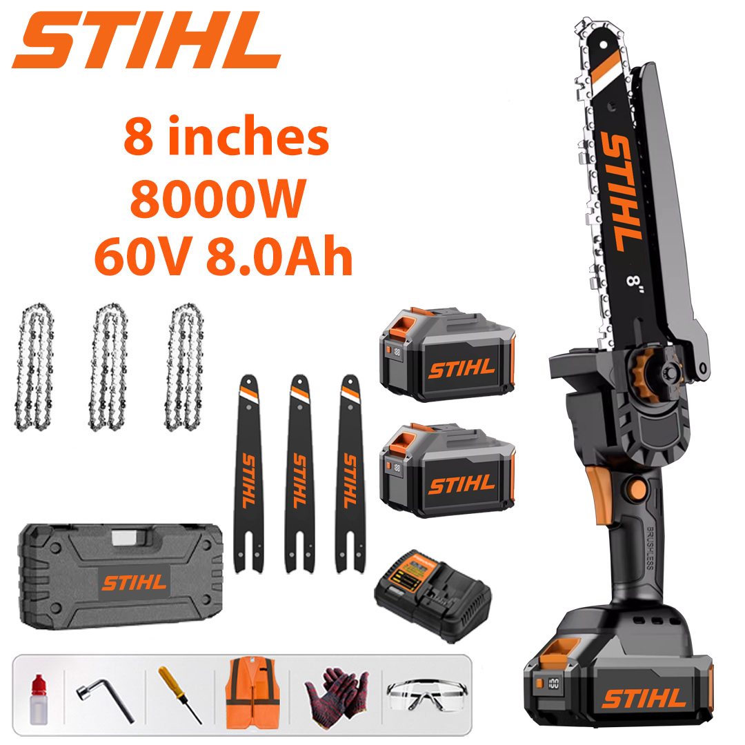 Pantalla de alimentación LED - (16 horas de duración de la batería) Litio autocopiativo de 8 pulgadas 12.000 W + batería de 72 V 10,0 Ah * 2 + cargador + placa guía * 2 + cadena * 4 + caja de herramientas + lubricante + protección de gafas, 10 años de garantía